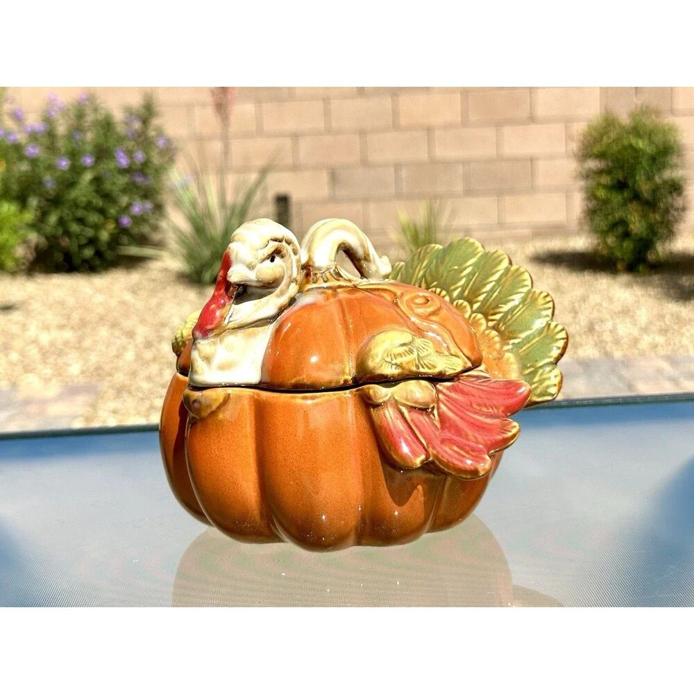 Ceramic Pumpkin Turkey Container w Lid Thanksgiving Orange Brown Holiday Dish